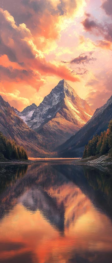 Mountain landscape at sunset with orange and pink sky reflected in a lake