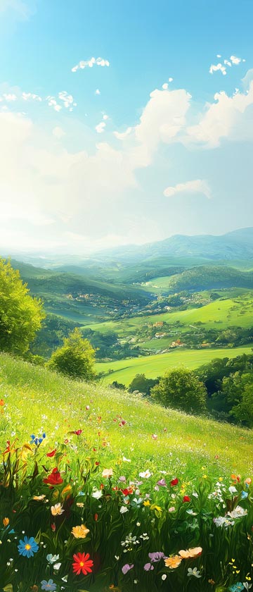 Green meadows with colorful wildflowers under a sunny sky