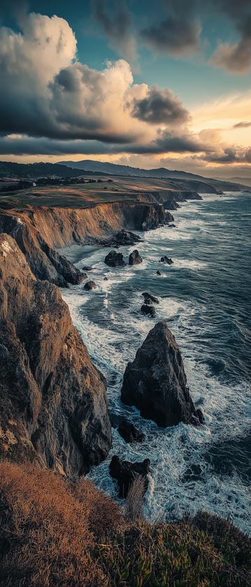 Steep cliffs overlooking the ocean with waves crashing and a cloudy sky