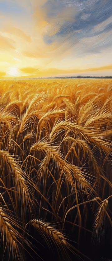 Golden wheat fields under a sunset sky