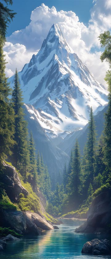 Snow-covered mountain peak with pine forests and a river