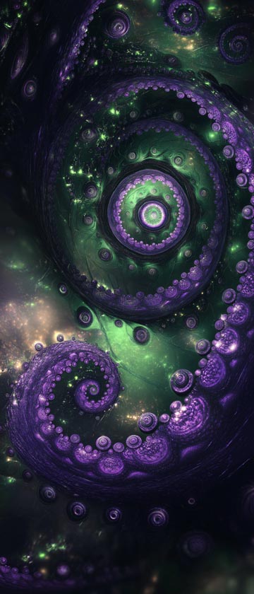 Spiraling fractal shapes in deep purple and green tones