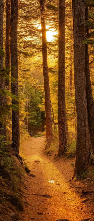 Golden forest trail at sunset with towering trees