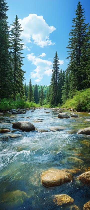 Clear river flowing through a pine forest with ferns and rocks