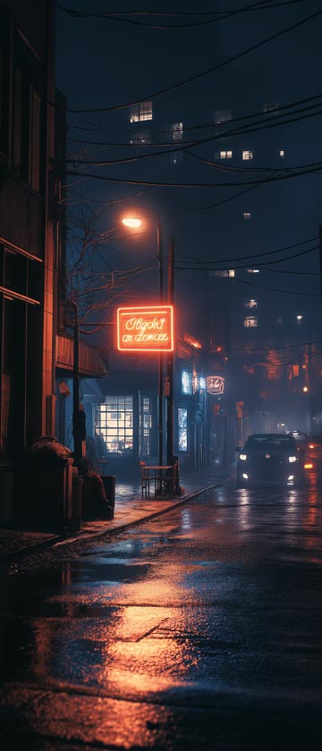 Illustrated night city with soft streetlights and a neon sign