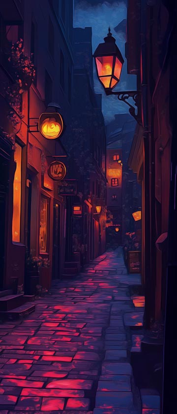 Illustrated street with glowing streetlights at night