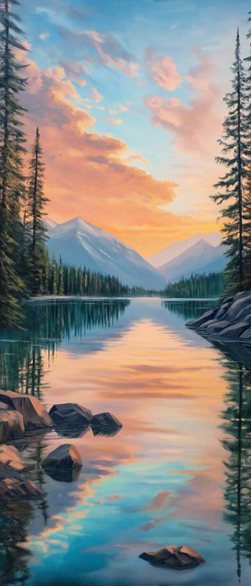 Crystal clear lake reflecting pine trees and mountains at sunrise