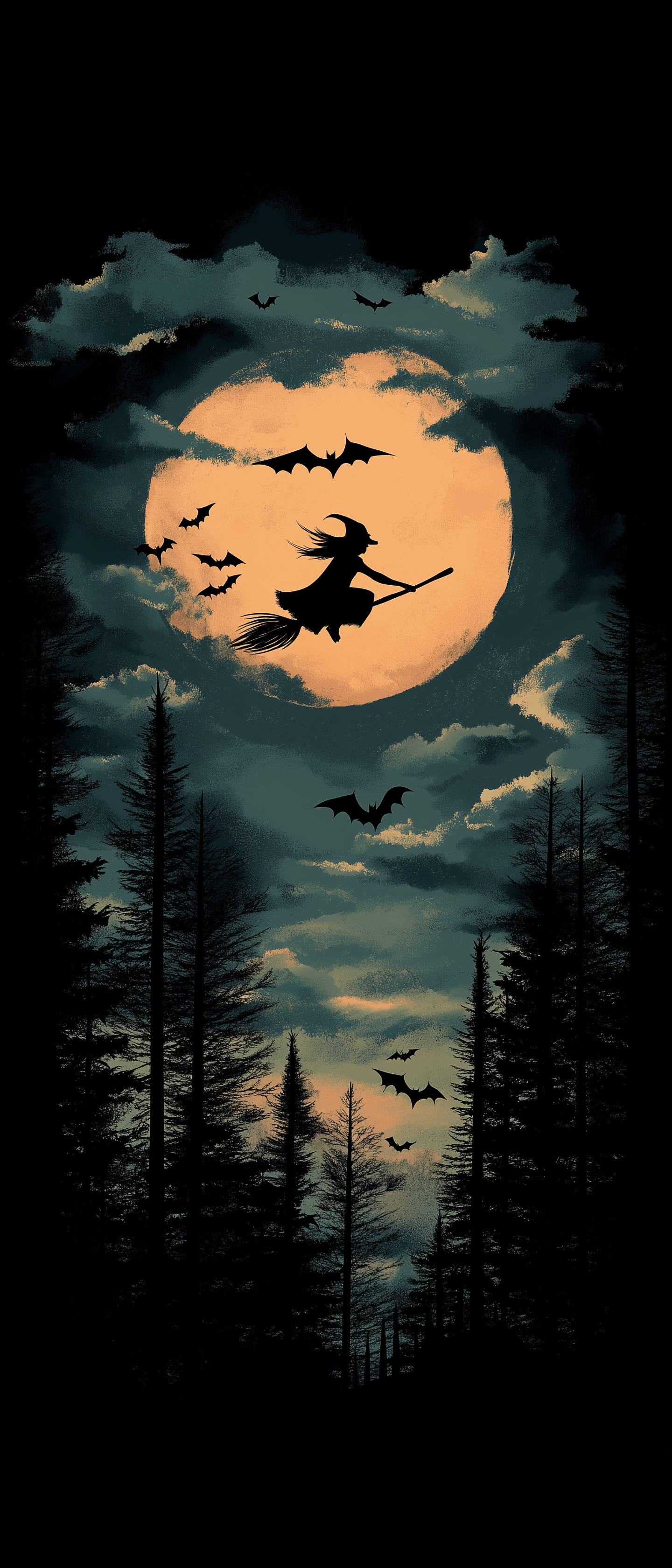 Witch Flying Over the Moon Halloween Smartphone Wallpaper