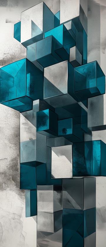 3D cubes in shades of blue, teal, and grey forming an abstract pattern