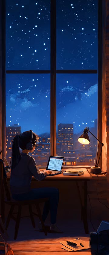 Illustrated girl with headphones studying by lamplight with a calm night sky outside