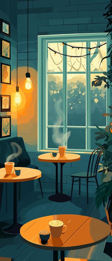 Cozy illustrated cafe with warm lighting and steaming coffee cups