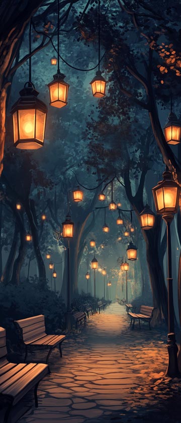 Illustrated lanterns hanging from trees in a park at night