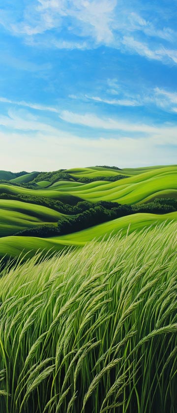 Rolling green hills and fields with a blue sky