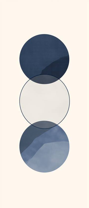 Three overlapping circles in blue and grey on a beige background