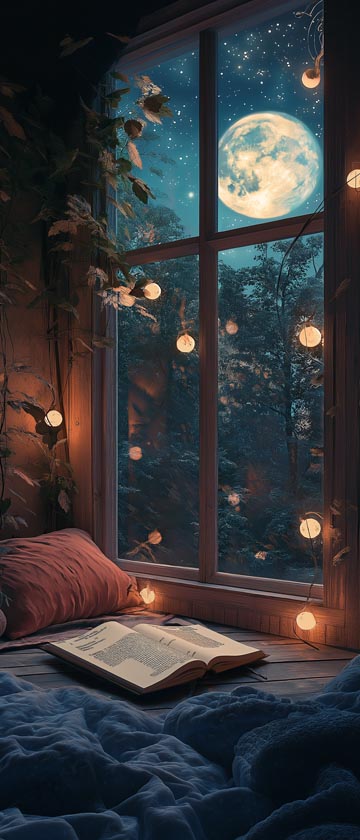 Cozy bedroom with fairy lights and a moonlit window view