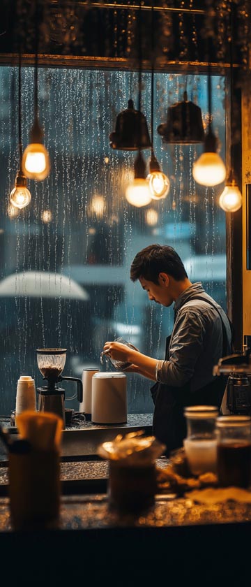 LoFi cafe scene with rain, warm lighting, and a barista brewing coffee