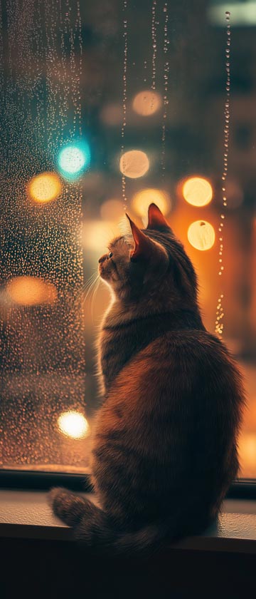 LoFi cat sitting by a rainy window with city lights