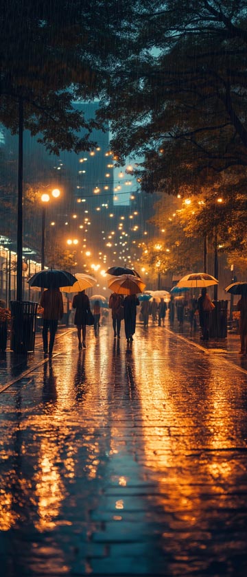 LoFi city street with rain, umbrellas, and warm streetlights
