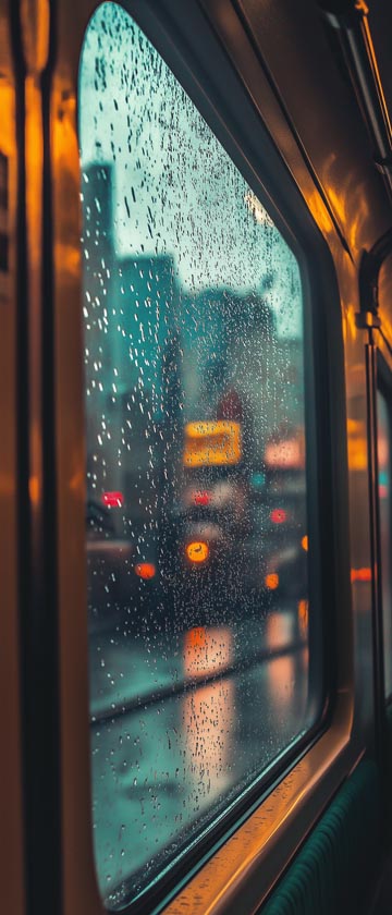 LoFi train interior with rain on the window and city lights