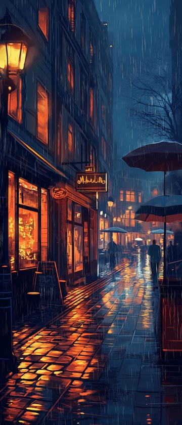 LoFi cityscape at night with glowing windows and rain-soaked streets