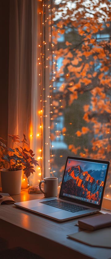 LoFi desk with laptop, coffee, and view of falling leaves