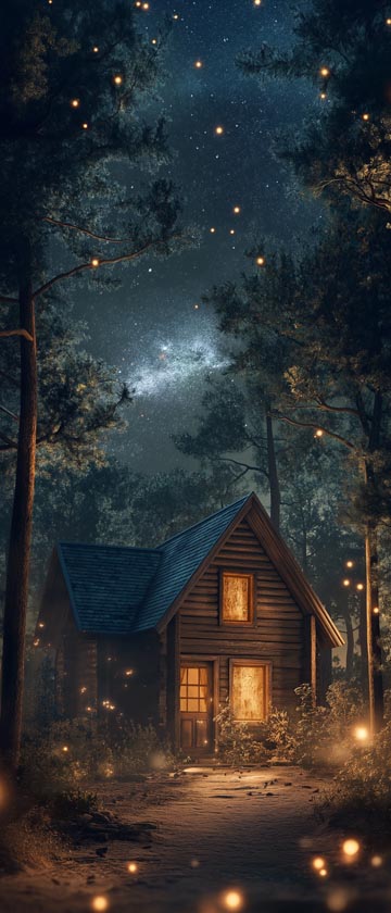 Cozy cabin in a forest under a starry sky with warm light and music notes