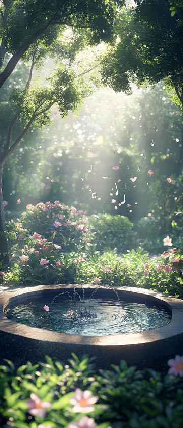 LoFi garden with flowers, a fountain, and sunlight