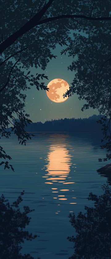 LoFi lake with a full moon and trees swaying in the breeze