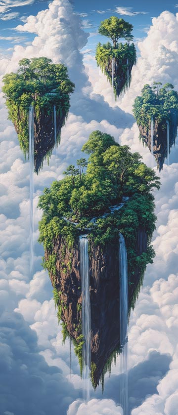 Floating islands with waterfalls cascading into the clouds