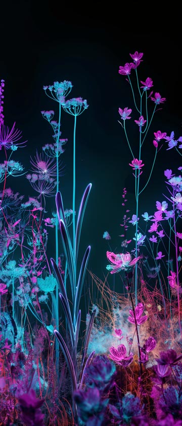 Neon hologram plants glowing under midnight sky.