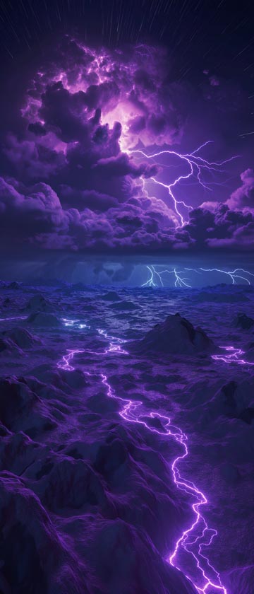 Neon lightning illuminating geometric rocks on plain.