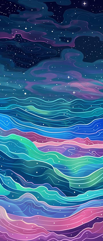 Neon-colored cosmic waves against a starry backdrop.